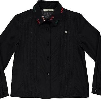 Black Ribbed Open-Stitch Shirt With Colorful Lace Embroidery