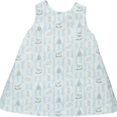 BLUE DRESS WITH CUTE BABY PATTERN AND BOW