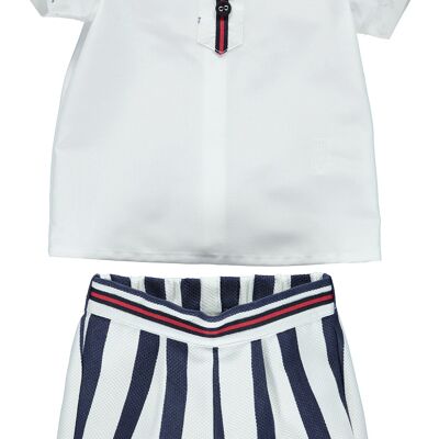 BOY SET WITH WHITE SKIRT AND NAVY AND WHITE STIPES SHORTS