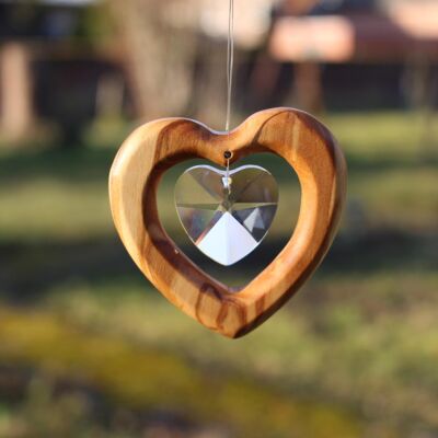 Fensterdeko Herz aus Holz , Herz mit Bleikristall