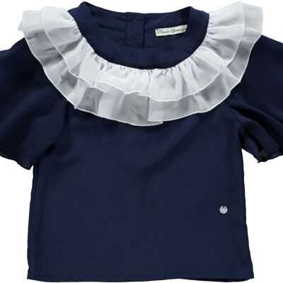 NAVY BLOUSE WITH WHITE RUFFLE COLLAR