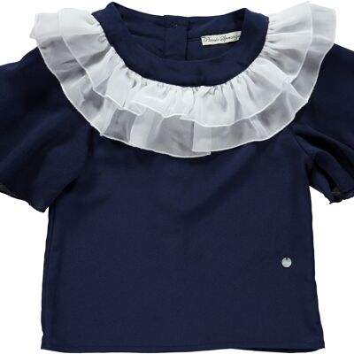 NAVY BLOUSE WITH WHITE RUFFLE COLLAR