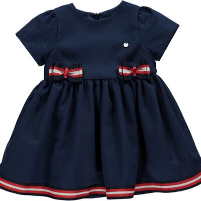 NAVY DRESS WITH STRIPES BOW AND TRIM