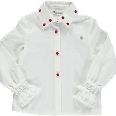 Pearl Shirt With Red Flower Embroidery On The Collar