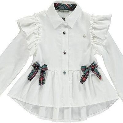 Pearl Shirt With Ruffles And Red And Green Plaid Bow
