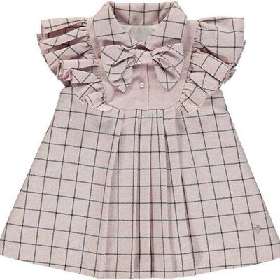 Pink Dress With Gray Plaid And Bow Near The Collar
