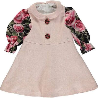 Pink Farm Dress With Patterned Pink Sleeves And LinedButtons B