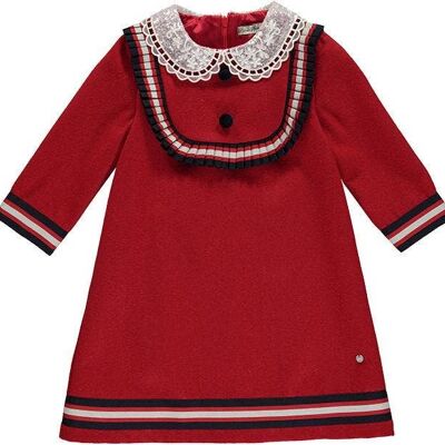 Red Farm Dress With Embroidered Collar And Pleated Ribbon