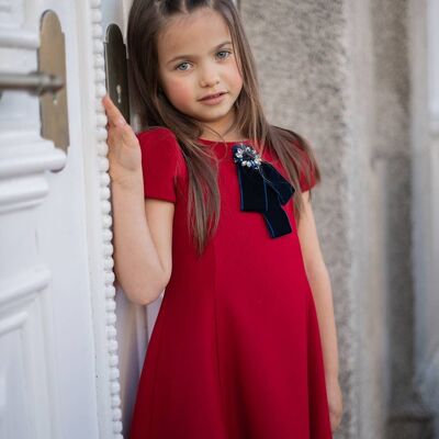 Red Farm Dress With Velvet Bow And Shiny Pin