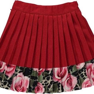 Red Pleated Skirt With Roses Hem