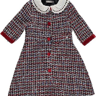 Red Tweed Dress With Embroidered White Collar And Sequins
