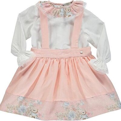 Set Of Pearl Blouse With Frill Collar And Pink Skirt