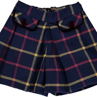 Skirt With Navy Blue Scottish Pattern And Fake Pockets