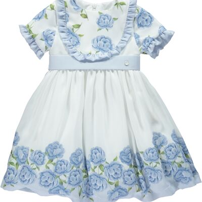 WHITE AND BLUE FLORAL DRESS WITH A BOW