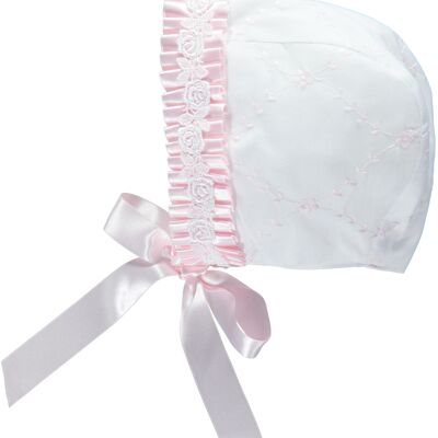 WHITE AND PINK EMBROIDERY BABY BONNET