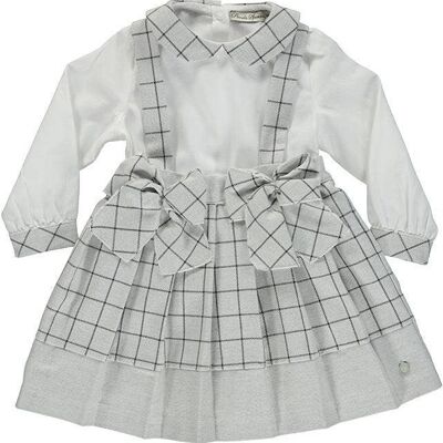 White Blouse Set With Gray Plaid Skirt With Straps