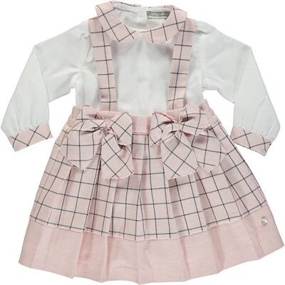 White Blouse Set With Pink Plaid Skirt With Straps And Bows
