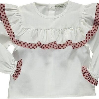 White Blouse With Large Ruffle And Burgundy Polka Dot