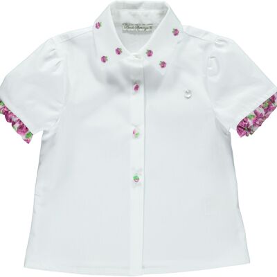 WHITE GIRL BLOUSE WITH FUCHSIA ROSES EMBROIDERY AND RUFFLES