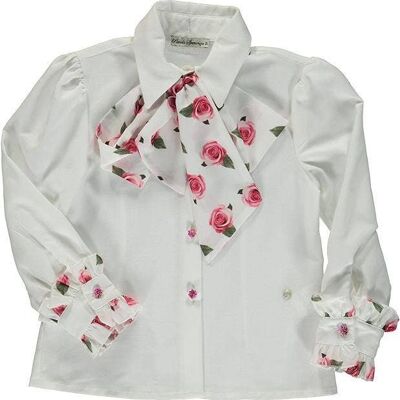 White Pearl Shirt With Large Bow And Rose Print Ruffles