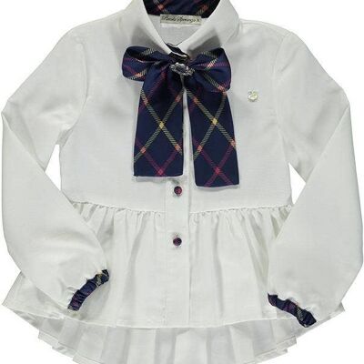 White Shirt With Puff Bottom And Navy Blue Plaid Bow