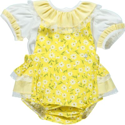 YELLOW BABY SET WITH WHITE ROSES OVERALL AND WHITE TOP B