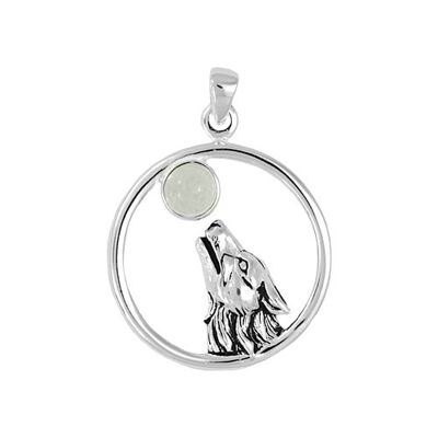 Rainbow Moonstone Moon Gazing Wolf Pendant