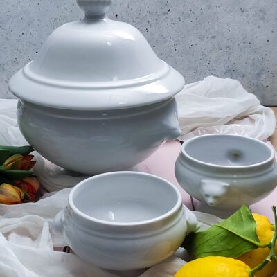 French white tureen with two gravy bowls