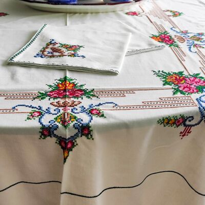 Rectangular linen tablecloth with 12 napkins cross stitch embroidery