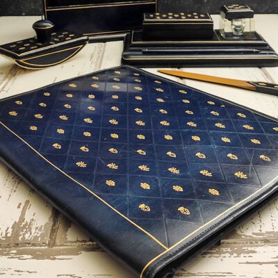 Korrespondenzset aus blauem Leder mit goldenen Mustern