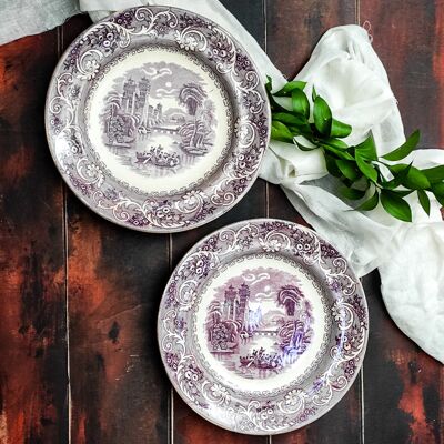 Paar flache Teller mit violettem Dekor