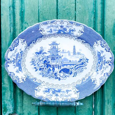 Englisches Porzellantablett mit blauer orientalischer Landschaft