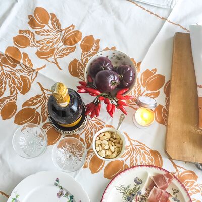 Cotton linen tablecloth with Romagna print by hand 5 napkins