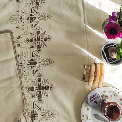 Mantel de lino marfil con diseño geométrico con 12 servilletas
