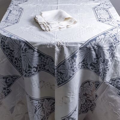 Hand embroidered linen and filet tablecloth with 12 napkins