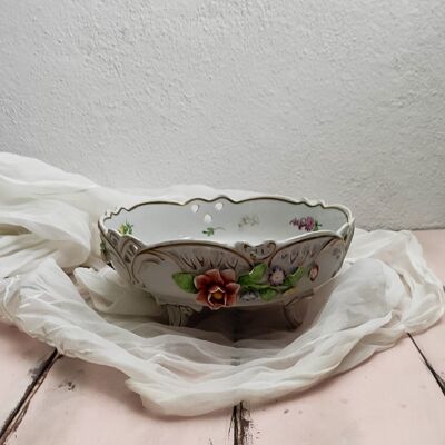 English porcelain fruit bowl with flowers in relief