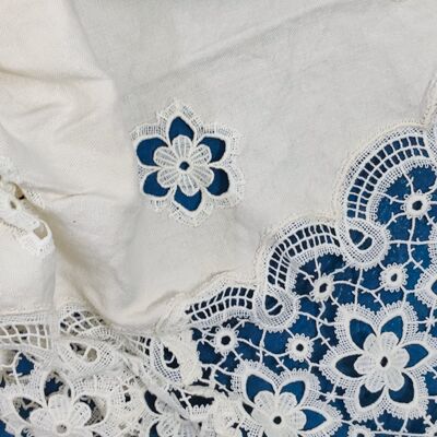Round heavy linen tablecloth with floral lace