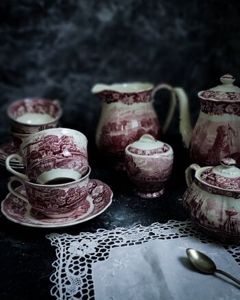 Service à thé anglais rouge complet pour 12 personnes 1