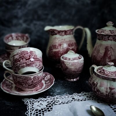 Service à thé anglais rouge complet pour 12 personnes