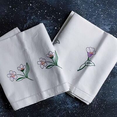 pair of linen towels embroidery purple flowers