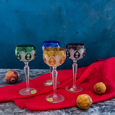 Set of four colored crystal goblets