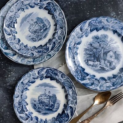 Two pairs of blue copeland dinner plates