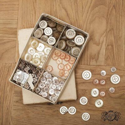 Boxes of vintage plastic and mother of pearl buttons