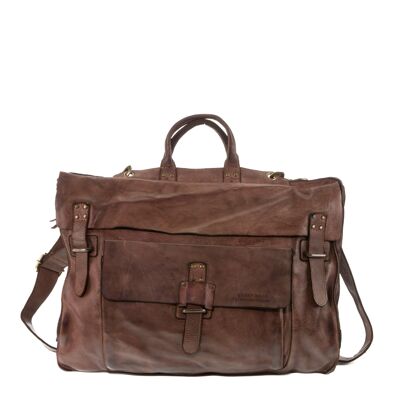 Stamp unisex leather briefcase convertible into a backpack - Brown