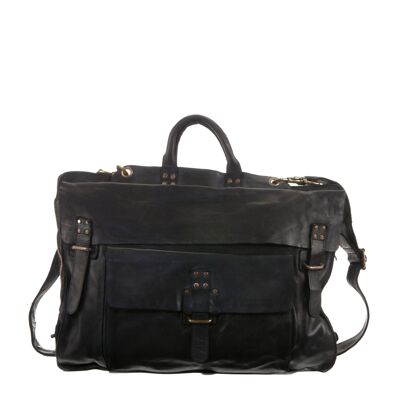 Stamp unisex leather briefcase convertible into a backpack - Black