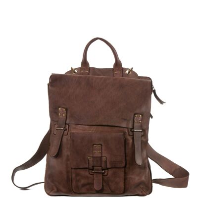 Stamp unisex leather shoulder bag convertible into a backpack - Brown