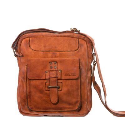 Stamp men's crossbody bag in tan leather - Leather Medium washed leather