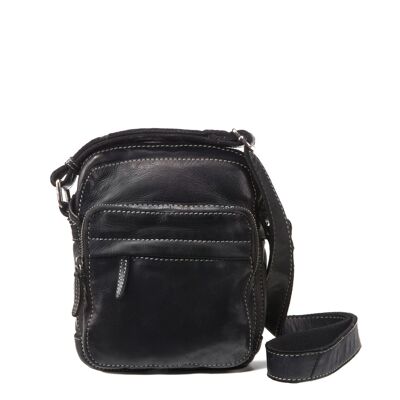 Stamp men's black leather crossbody bag - Black S large pocket