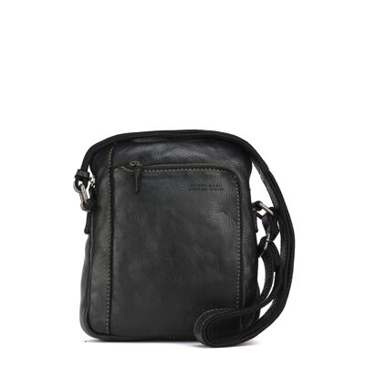 Stamp men's black leather crossbody bag - Black Medium large pocket