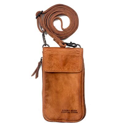 Unisex Stamp mobile phone bag in camel-colored leather - Camel